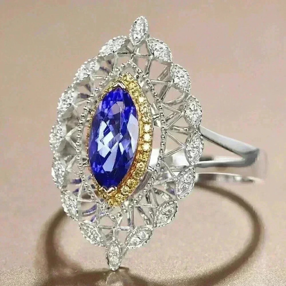 Gorgeous 14k Gold Over Sterling Silver Blue Sapphire Citrine Diamond Ring - Picture 1 of 5